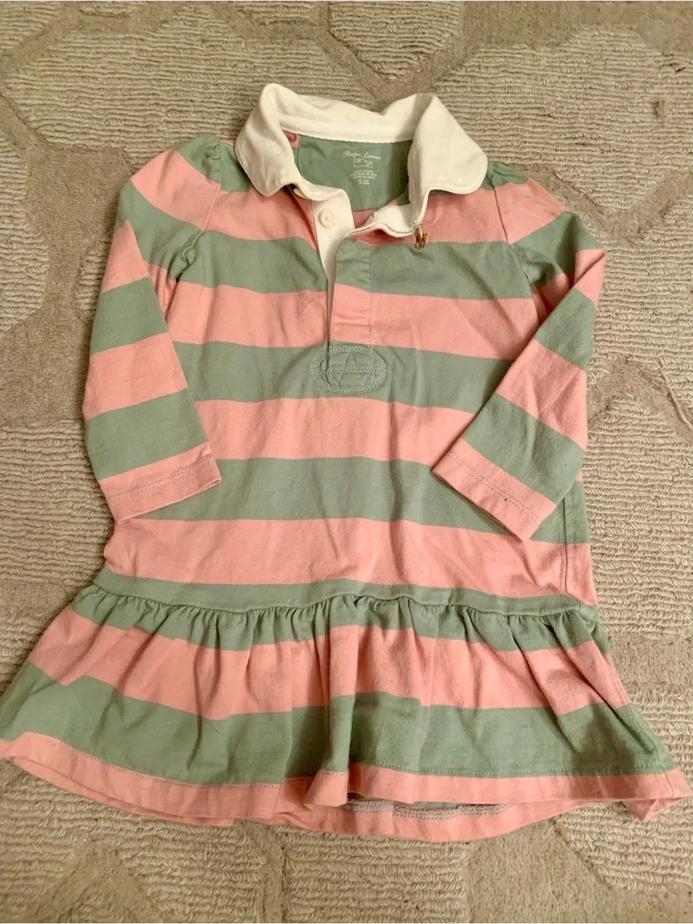 Ralph Lauren Pink and Sage Striped Long-Sleeve Polo Dress with White Collar